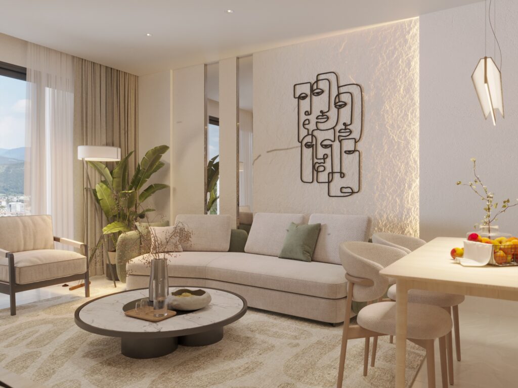 Modern hospitality design lounge with neutral seating, warm lighting, and decorative wall elements.