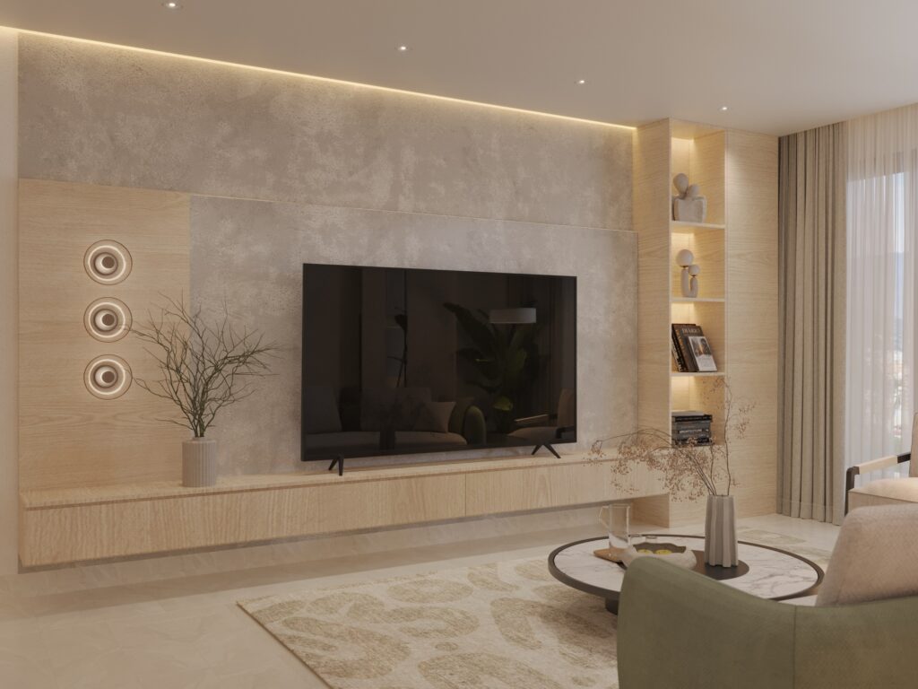Modern hospitality living room with integrated TV wall, wood finishes, soft lighting, and built-in shelving for functional design.