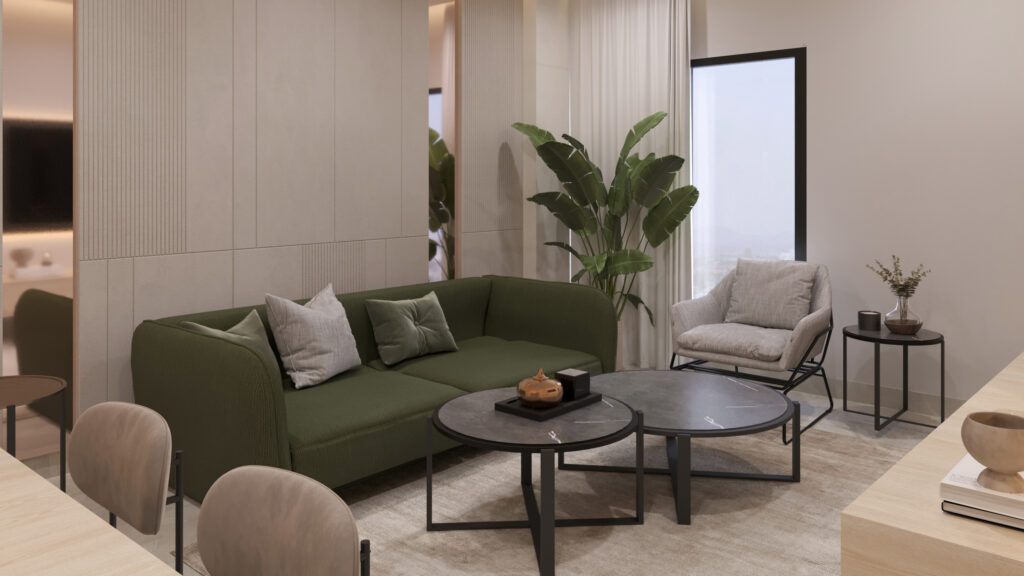 Modern hospitality living area with neutral tones, minimal furniture, integrated storage, and clean layout for compact space design.