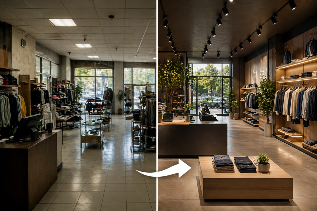 Split-view retail store showing old branch design beside a renovated modern layout.