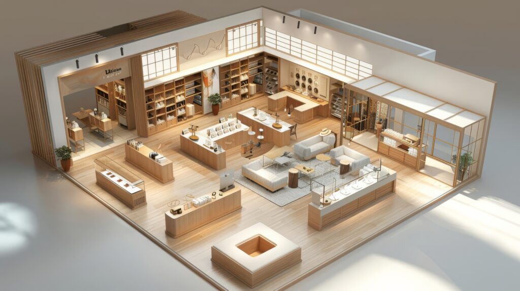 Retail store circulation design with open pathways, product visibility, and organized customer movement flow.