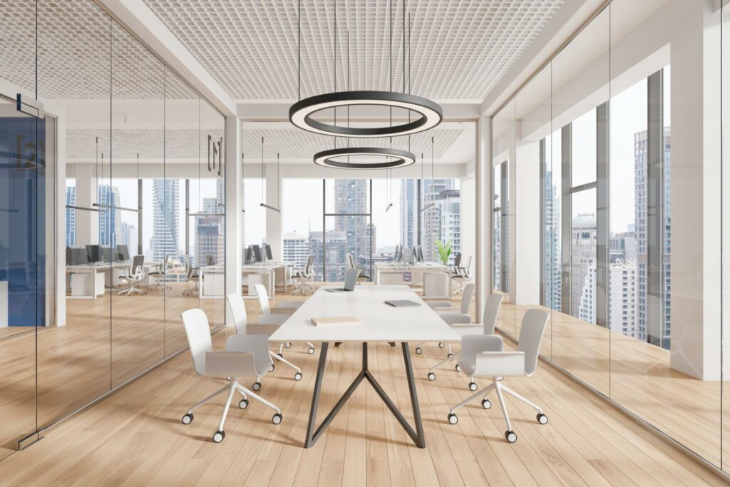 Modern meeting rooms designed for workplace collaboration and hybrid communication.
