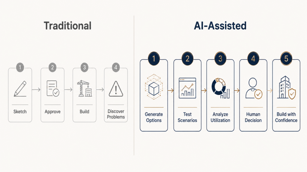 Layout scenario testing workflow showing how AI in architecture validates commercial design decisions before construction