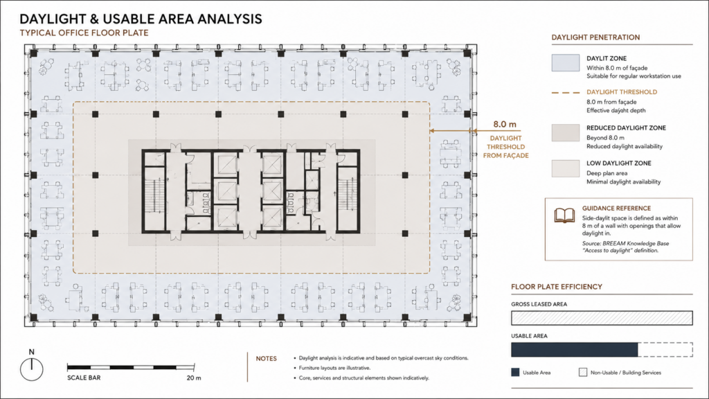 office floor plate efficiency and daylight reach analysis