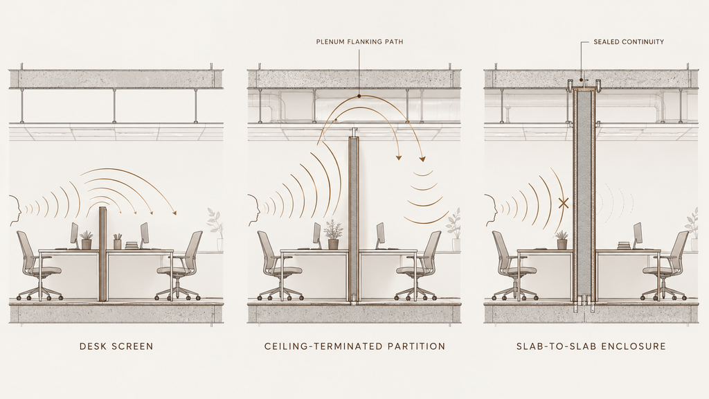acoustic performance of screens partitions and full enclosure compared
