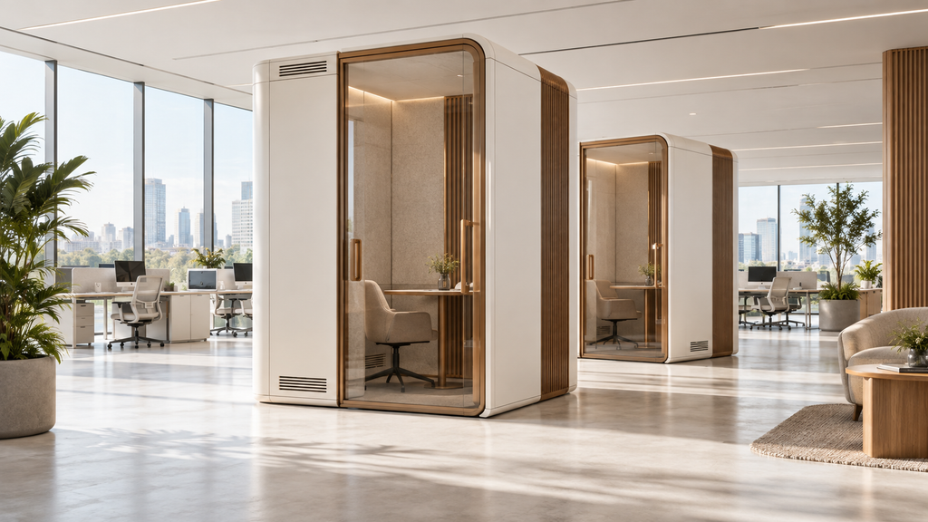 office pods positioned for ventilation and acoustic performance